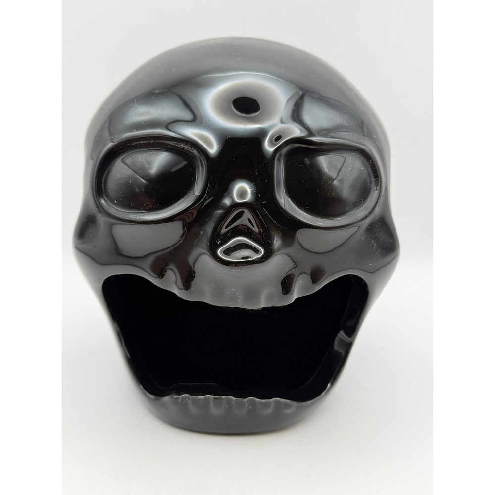 Way To Celebrate Halloween Black Ceramic Skull Bowl Glossy Decor candle holder